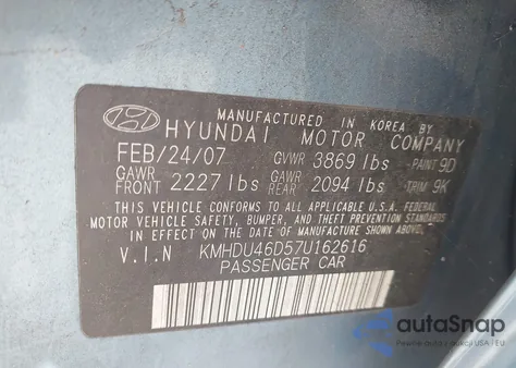 2007 Hyundai Elantra Gls/Se/Limited from USA, damaged, VIN KMHDU46D57U162616